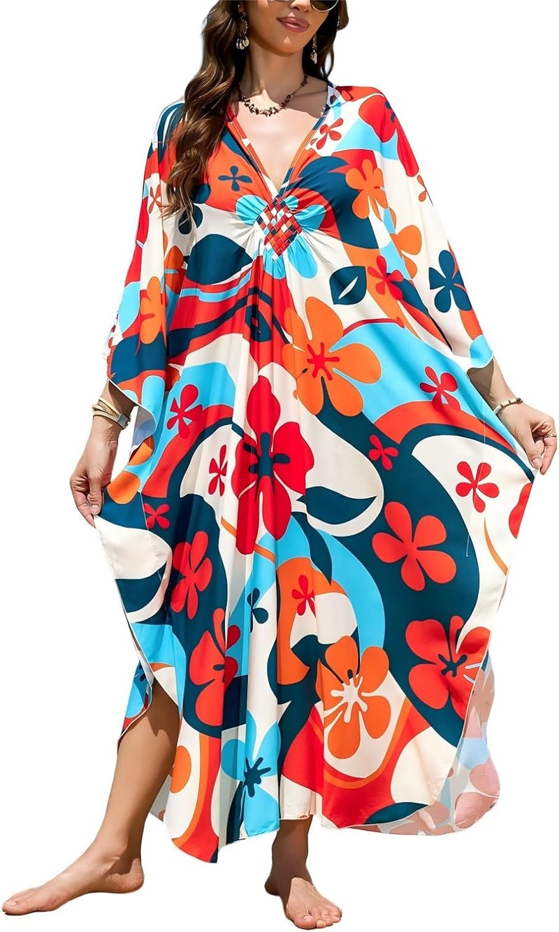 IMAGEKOPE Women's Plus Size Animal Print V-Neck Batwing Kaftan Beach Dress Bathing Suit Cover-Up Loungewear - Image 1